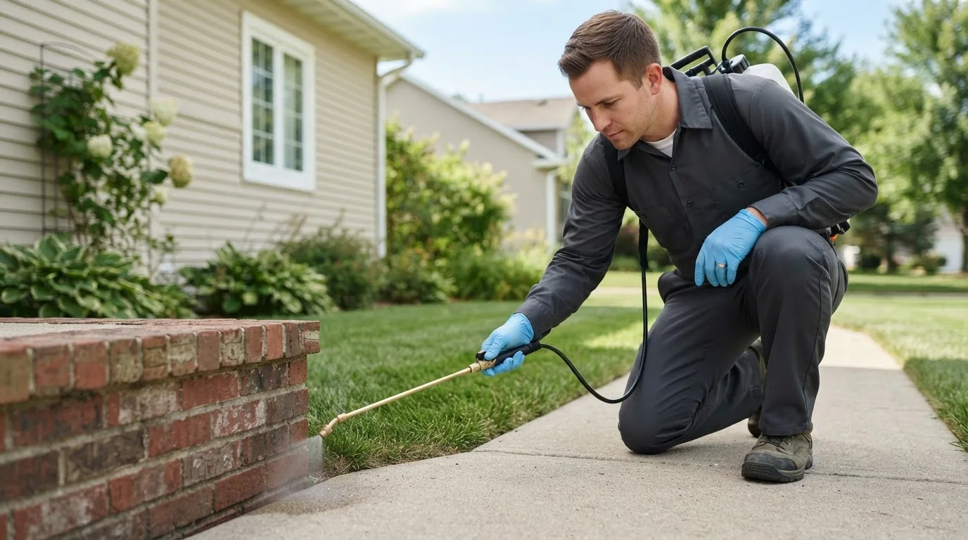Pest control technician treating a home near Desert Center, CA
